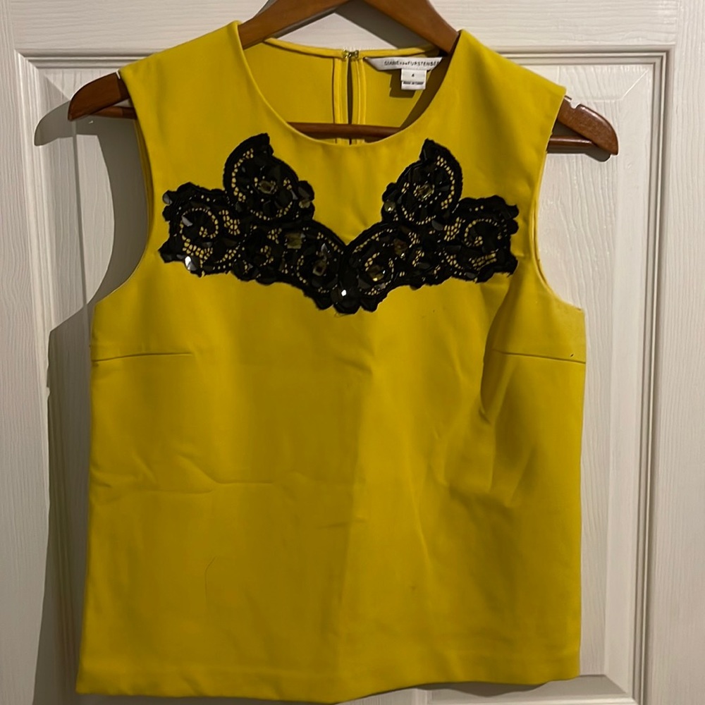 DVF Yellow top with black sequin and lace detail